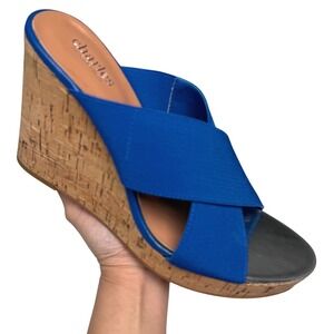 Charles David Royal Blue Elastic Cork Wedge Sandals size 10 Y2K Coastal Festival